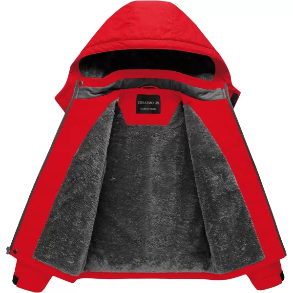 CREATMO US Boys Waterproof Ski Jacket Warm Winter Fleece Snow Coat Windproof Snowboarding Rain JacketPure Red