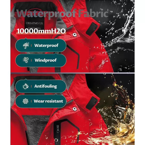 CREATMO US Boys Waterproof Ski Jacket Warm Winter Fleece Snow Coat Windproof Snowboarding Rain JacketPure Red