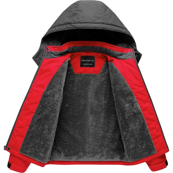 CREATMO US Boys Waterproof Ski Jacket Warm Winter Fleece Snow Coat Windproof Snowboarding Rain JacketRed