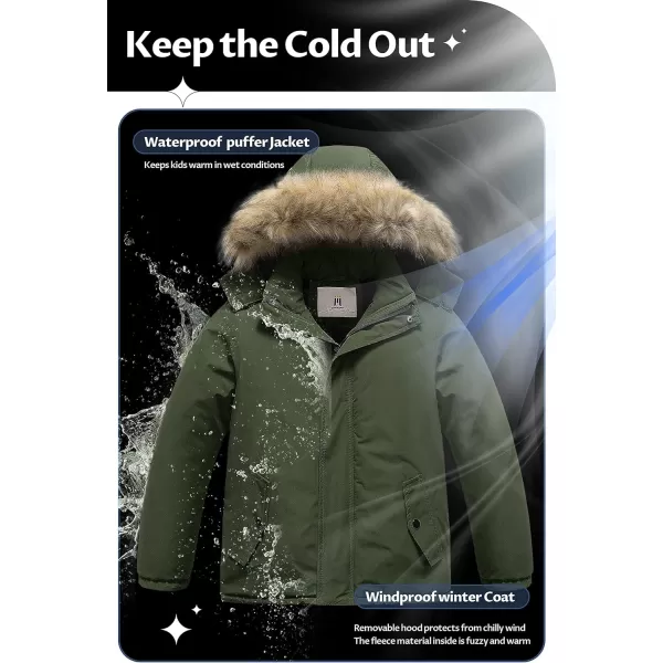 CREATMO US Boys Waterproof Snow Coat Parka Windproof Winter Jacket With Detachable Fleece HoodArmy Green