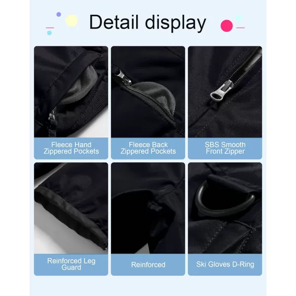 CREATMO US Girls Snow Bibs Kids Ski Pants Waterproof Insulated Winter OverallsCargo Black