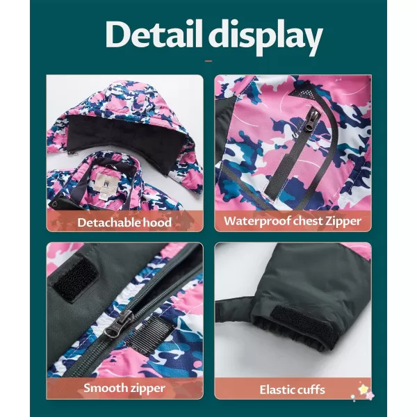 CREATMO US Girls Waterproof Ski Jacket Warm Winter Fleece Snow Coat Windproof Snowboarding Rain JacketFlower Printed