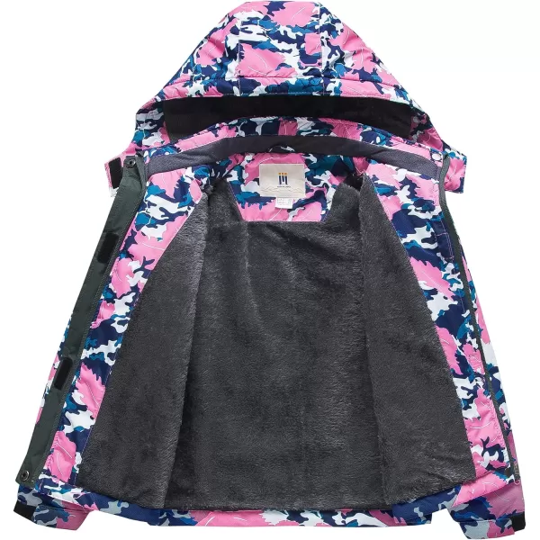 CREATMO US Girls Waterproof Ski Jacket Warm Winter Fleece Snow Coat Windproof Snowboarding Rain JacketLeaf Printed