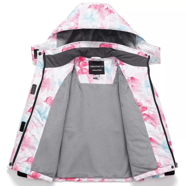 CREATMO US Girls Waterproof Ski Jacket Warm Winter Fleece Snow Coat Windproof Snowboarding Rain JacketPink Printed