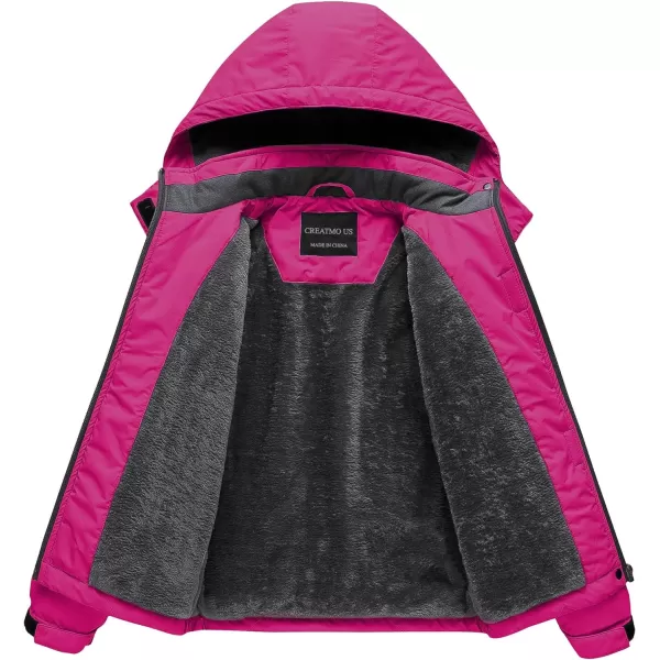 CREATMO US Girls Waterproof Ski Jacket Warm Winter Fleece Snow Coat Windproof Snowboarding Rain JacketPure Rose Red