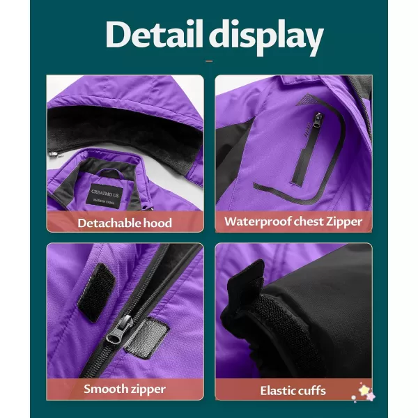 CREATMO US Girls Waterproof Ski Jacket Warm Winter Fleece Snow Coat Windproof Snowboarding Rain JacketPurple