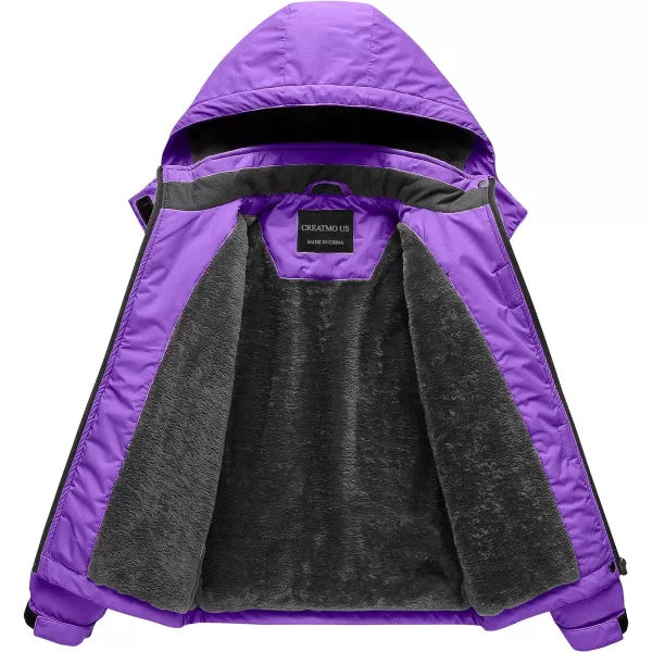 CREATMO US Girls Waterproof Ski Jacket Warm Winter Fleece Snow Coat Windproof Snowboarding Rain JacketPurple