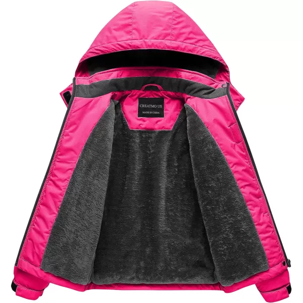 CREATMO US Girls Waterproof Ski Jacket Warm Winter Fleece Snow Coat Windproof Snowboarding Rain JacketRose Red