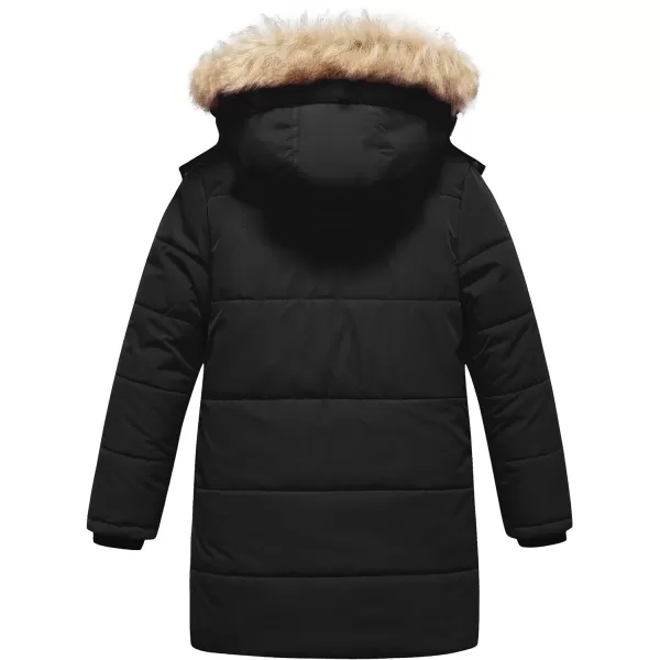 CREATMO US Girls Winter Fleece Lined Long Parka Puffer Coat Thicken Ski Jacket With Fur Trim HoodBlack