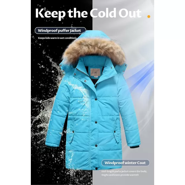 CREATMO US Girls Winter Fleece Lined Long Parka Puffer Coat Thicken Ski Jacket With Fur Trim HoodLight Blue