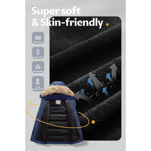 CREATMO US Girls Winter Fleece Lined Long Parka Puffer Coat Thicken Ski Jacket With Fur Trim HoodNavy Blue