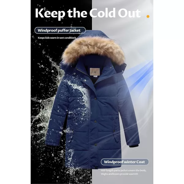 CREATMO US Girls Winter Fleece Lined Long Parka Puffer Coat Thicken Ski Jacket With Fur Trim HoodNavy Blue