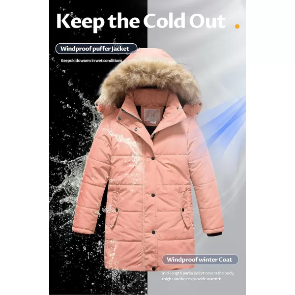 CREATMO US Girls Winter Fleece Lined Long Parka Puffer Coat Thicken Ski Jacket With Fur Trim HoodPink