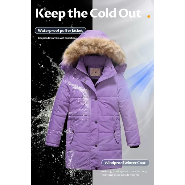 CREATMO US Girls Winter Fleece Lined Long Parka Puffer Coat Thicken Ski Jacket With Fur Trim HoodPurple