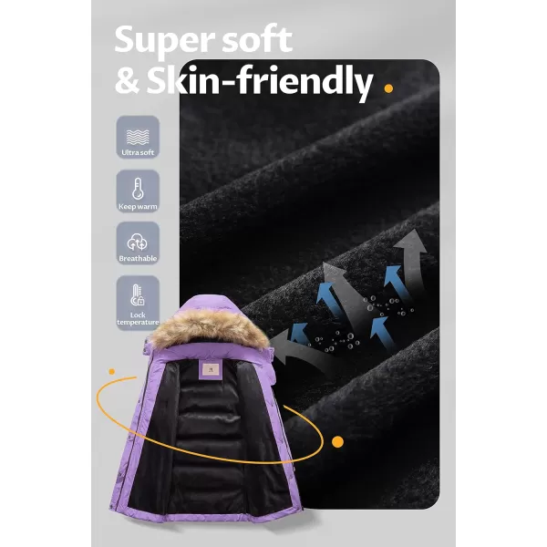 CREATMO US Girls Winter Fleece Lined Long Parka Puffer Coat Thicken Ski Jacket With Fur Trim HoodPurple