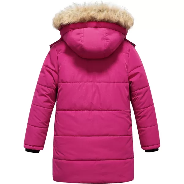 CREATMO US Girls Winter Fleece Lined Long Parka Puffer Coat Thicken Ski Jacket With Fur Trim HoodRose Red