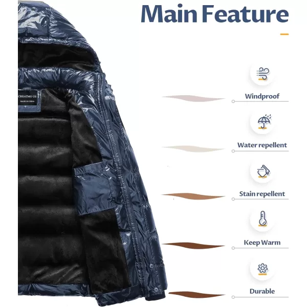 CREATMO US Mens Puffer Jacket Waterproof Winter Parka jacket Warm Thicken Ski CoatShiny Blue