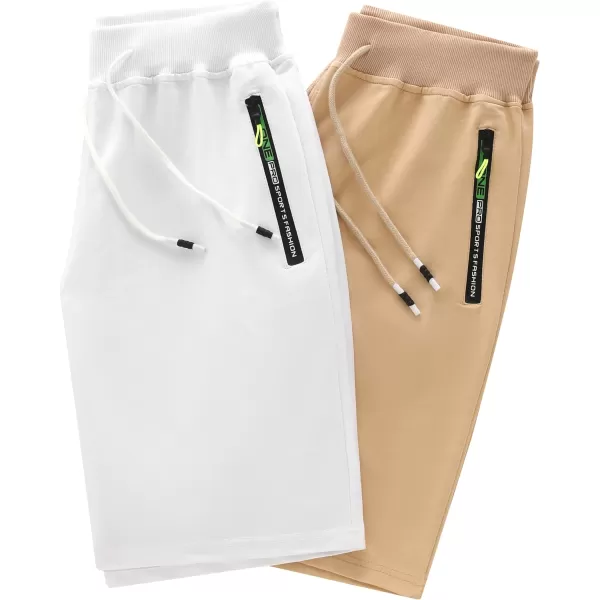 CREATMO US Mens Shorts Zipper Pocket Elastic Waist Stretch Summer Casual BeachWhite