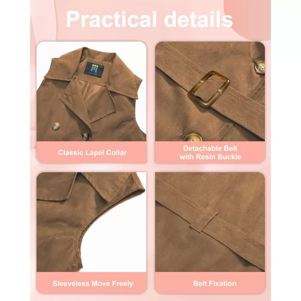 CREATMO US Womens Faux Suede Vest Sleeveless Double Breasted Trench Coat Long Blazer DressBrown Suede