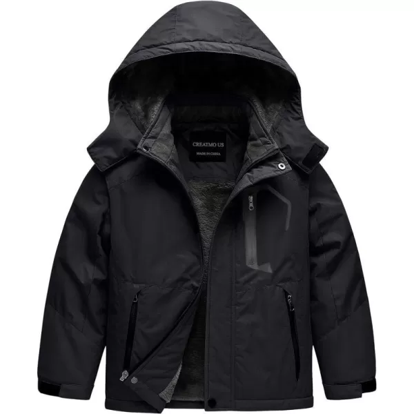 CREATMO US Boys Waterproof Ski Jacket Warm Winter Fleece Snow Coat Windproof Snowboarding Rain JacketBlack