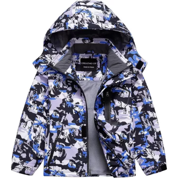 CREATMO US Boys Waterproof Ski Jacket Warm Winter Fleece Snow Coat Windproof Snowboarding Rain JacketBlue Printed