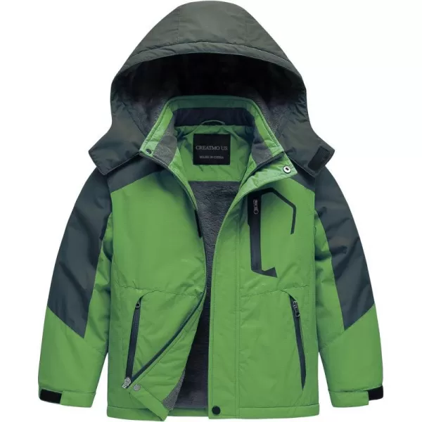 CREATMO US Boys Waterproof Ski Jacket Warm Winter Fleece Snow Coat Windproof Snowboarding Rain JacketGreen