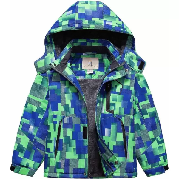 CREATMO US Boys Waterproof Ski Jacket Warm Winter Fleece Snow Coat Windproof Snowboarding Rain JacketGreen Printed