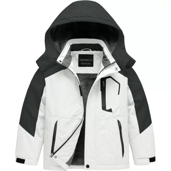 CREATMO US Boys Waterproof Ski Jacket Warm Winter Fleece Snow Coat Windproof Snowboarding Rain JacketGrey amp White