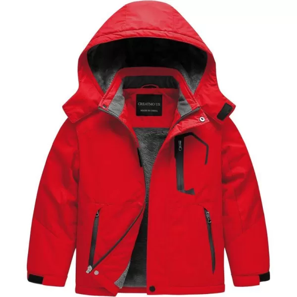 CREATMO US Boys Waterproof Ski Jacket Warm Winter Fleece Snow Coat Windproof Snowboarding Rain JacketPure Red