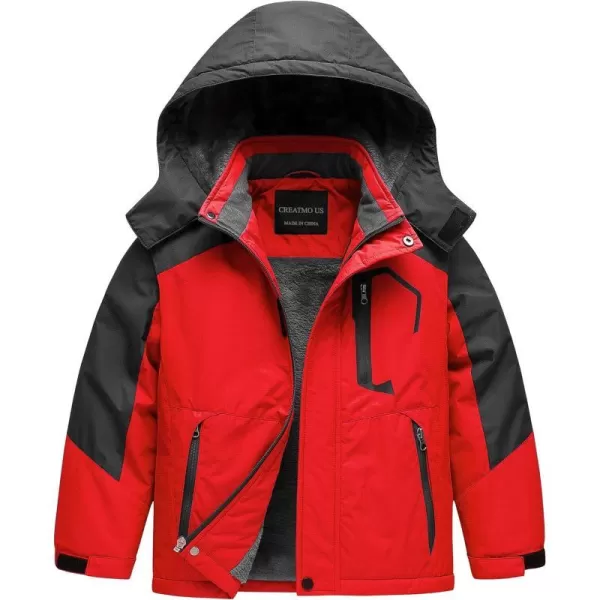 CREATMO US Boys Waterproof Ski Jacket Warm Winter Fleece Snow Coat Windproof Snowboarding Rain JacketRed