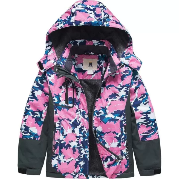 CREATMO US Girls Waterproof Ski Jacket Warm Winter Fleece Snow Coat Windproof Snowboarding Rain JacketFlower Printed