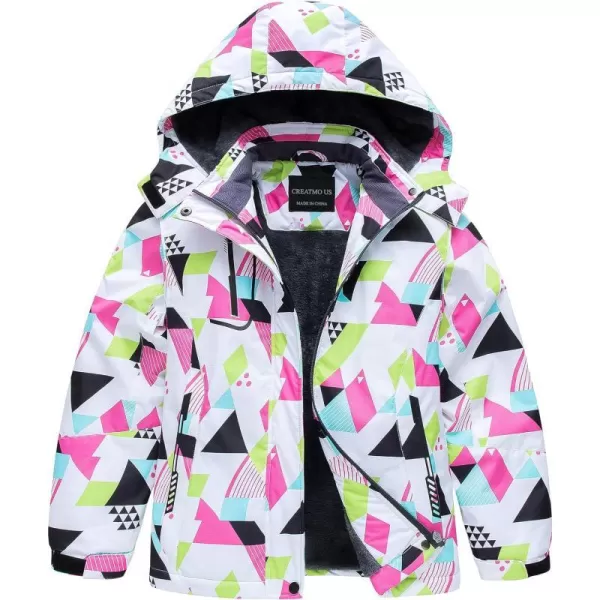 CREATMO US Girls Waterproof Ski Jacket Warm Winter Fleece Snow Coat Windproof Snowboarding Rain JacketGeometry