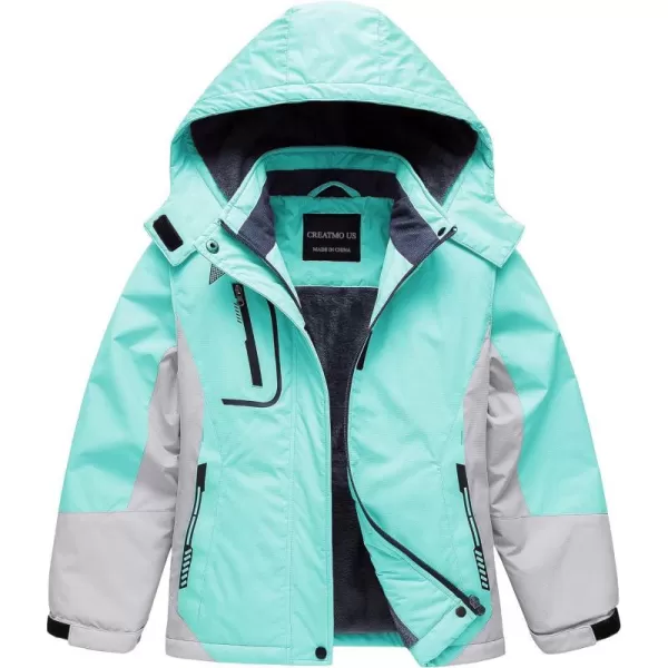 CREATMO US Girls Waterproof Ski Jacket Warm Winter Fleece Snow Coat Windproof Snowboarding Rain JacketGreen