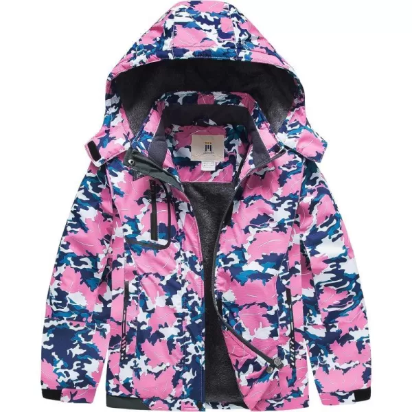 CREATMO US Girls Waterproof Ski Jacket Warm Winter Fleece Snow Coat Windproof Snowboarding Rain JacketLeaf Printed