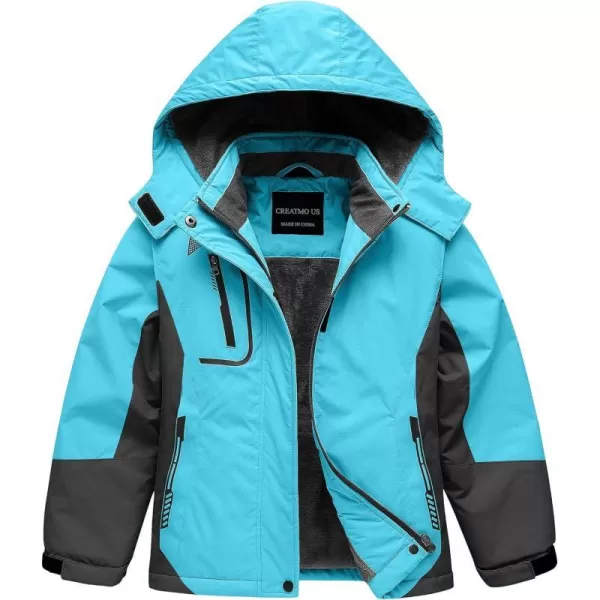 CREATMO US Girls Waterproof Ski Jacket Warm Winter Fleece Snow Coat Windproof Snowboarding Rain JacketLight Blue