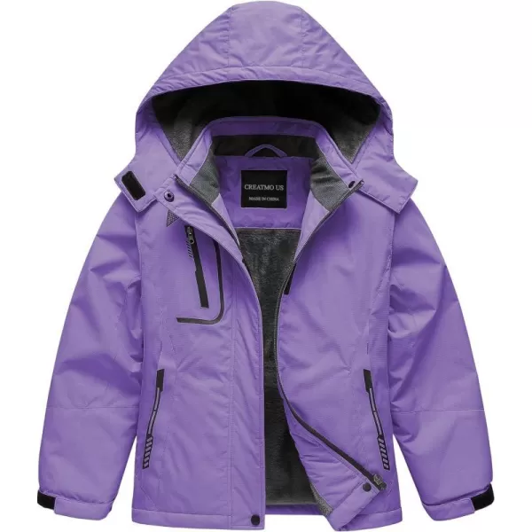 CREATMO US Girls Waterproof Ski Jacket Warm Winter Fleece Snow Coat Windproof Snowboarding Rain JacketLight Purple