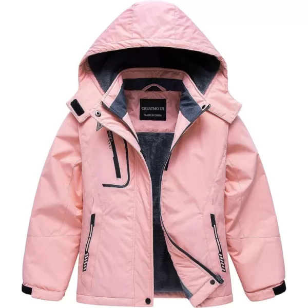 CREATMO US Girls Waterproof Ski Jacket Warm Winter Fleece Snow Coat Windproof Snowboarding Rain JacketPink