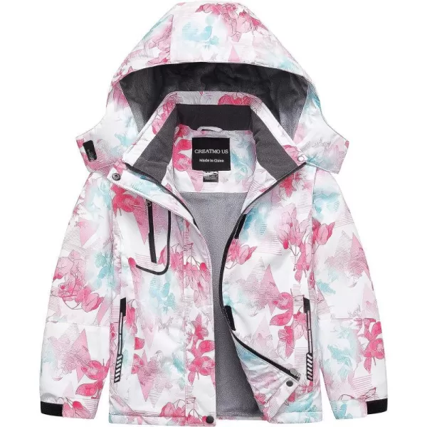 CREATMO US Girls Waterproof Ski Jacket Warm Winter Fleece Snow Coat Windproof Snowboarding Rain JacketPink Printed