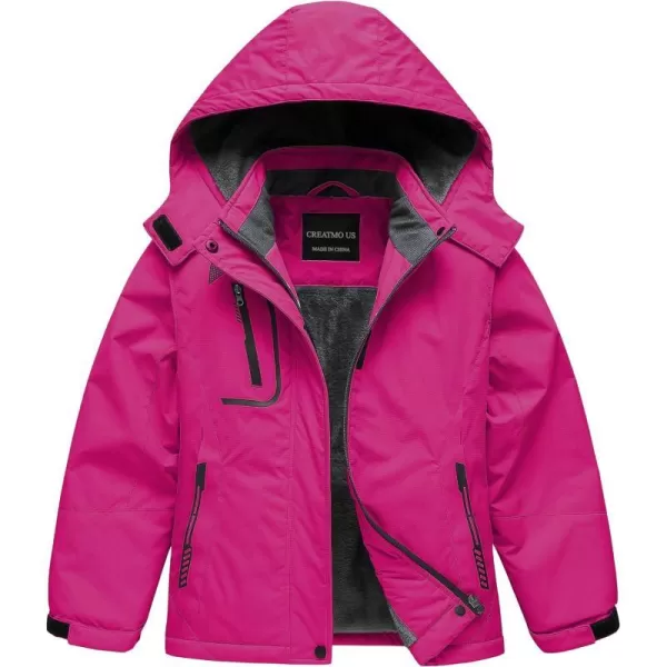 CREATMO US Girls Waterproof Ski Jacket Warm Winter Fleece Snow Coat Windproof Snowboarding Rain JacketPure Rose Red