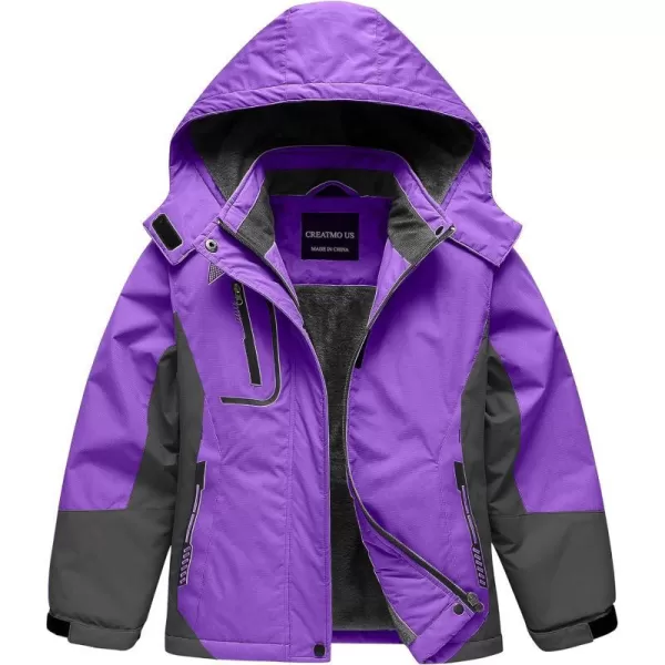 CREATMO US Girls Waterproof Ski Jacket Warm Winter Fleece Snow Coat Windproof Snowboarding Rain JacketPurple