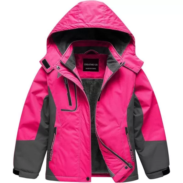 CREATMO US Girls Waterproof Ski Jacket Warm Winter Fleece Snow Coat Windproof Snowboarding Rain JacketRose Red