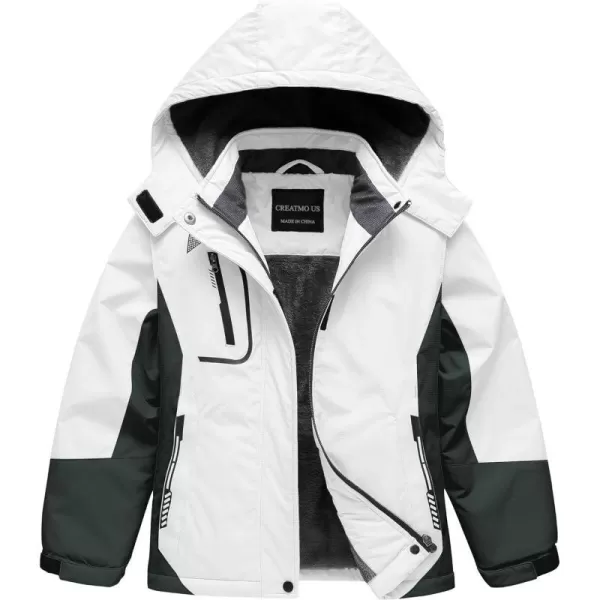 CREATMO US Girls Waterproof Ski Jacket Warm Winter Fleece Snow Coat Windproof Snowboarding Rain JacketWhite amp Grey