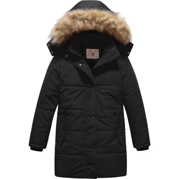 CREATMO US Girls Winter Fleece Lined Long Parka Puffer Coat Thicken Ski Jacket With Fur Trim HoodBlack