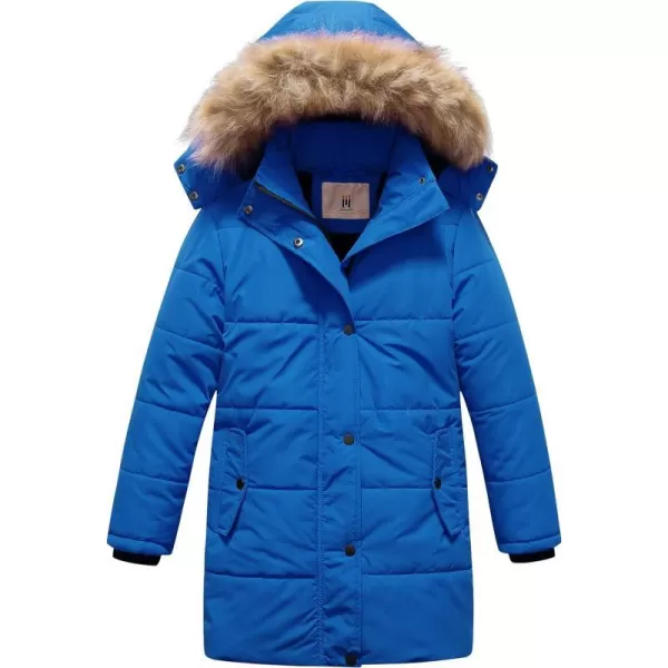 CREATMO US Girls Winter Fleece Lined Long Parka Puffer Coat Thicken Ski Jacket With Fur Trim HoodBlue