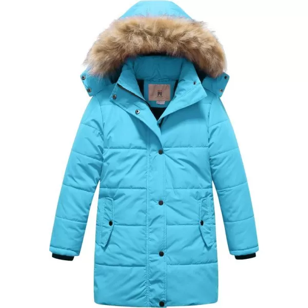 CREATMO US Girls Winter Fleece Lined Long Parka Puffer Coat Thicken Ski Jacket With Fur Trim HoodLight Blue