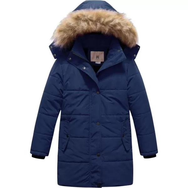 CREATMO US Girls Winter Fleece Lined Long Parka Puffer Coat Thicken Ski Jacket With Fur Trim HoodNavy Blue