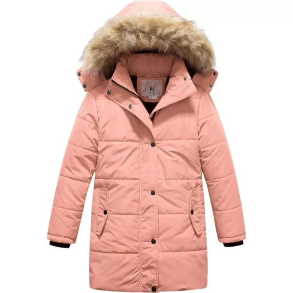 CREATMO US Girls Winter Fleece Lined Long Parka Puffer Coat Thicken Ski Jacket With Fur Trim HoodPink