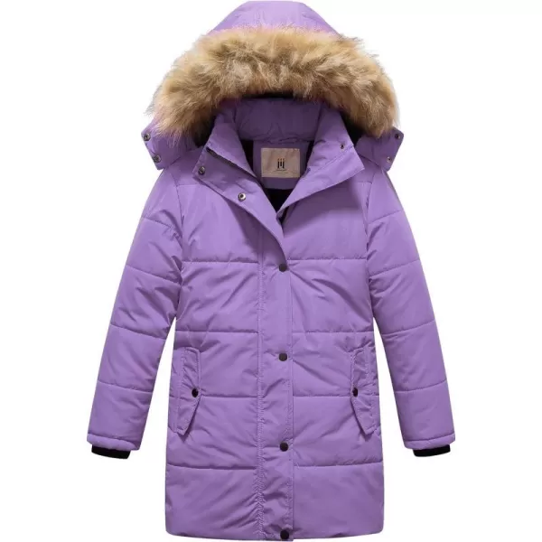 CREATMO US Girls Winter Fleece Lined Long Parka Puffer Coat Thicken Ski Jacket With Fur Trim HoodPurple