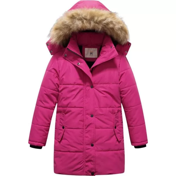 CREATMO US Girls Winter Fleece Lined Long Parka Puffer Coat Thicken Ski Jacket With Fur Trim HoodRose Red