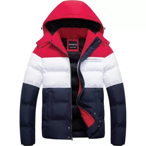 CREATMO US Mens Puffer Jacket Waterproof Winter Parka jacket Warm Thicken Ski CoatRed amp White amp Navy Blue